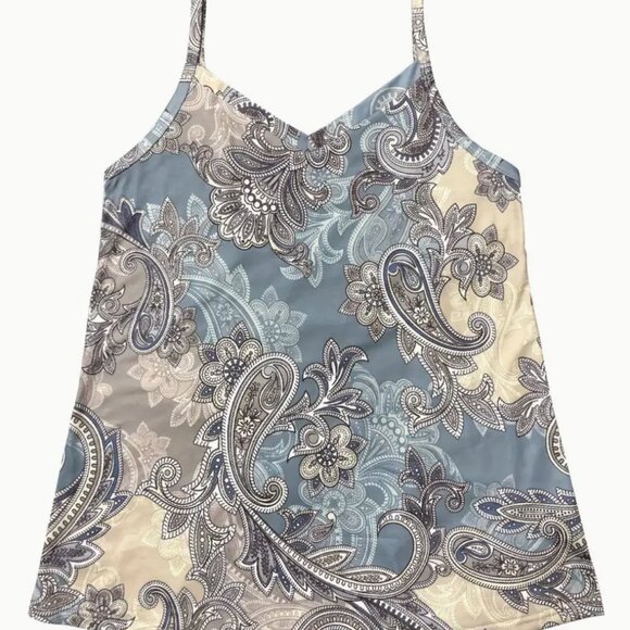 Blue Paisley Floral Print Cami Top, Casual V Neck Sleeveless Top - Picture 3 of 5